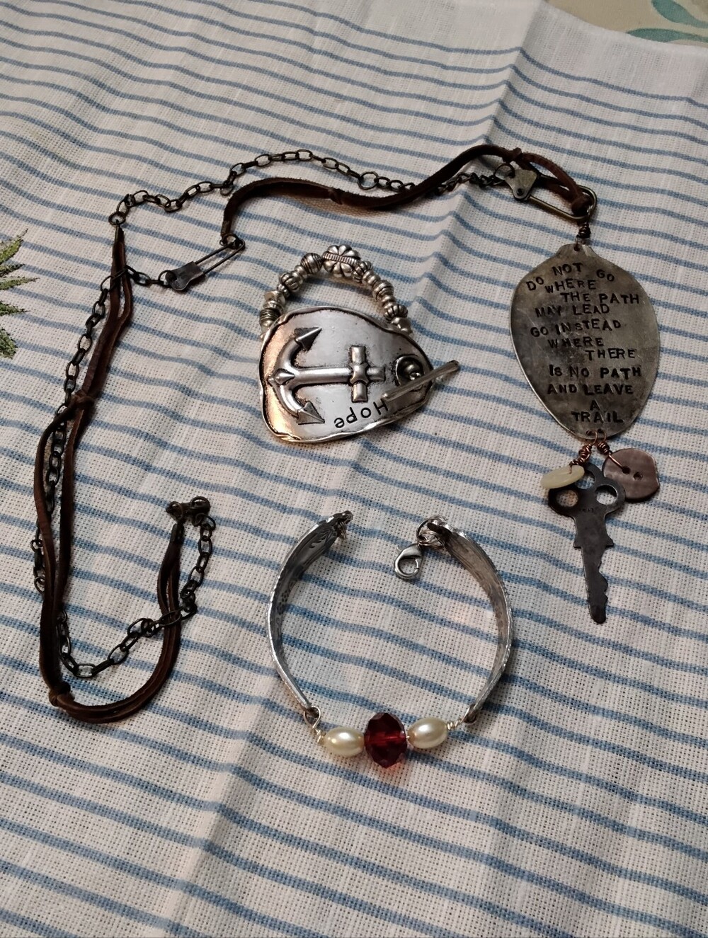 3953 Three Piece Jewelry Lot, Anchor Hope Heart Pendant Necklace, Spoon Handle.